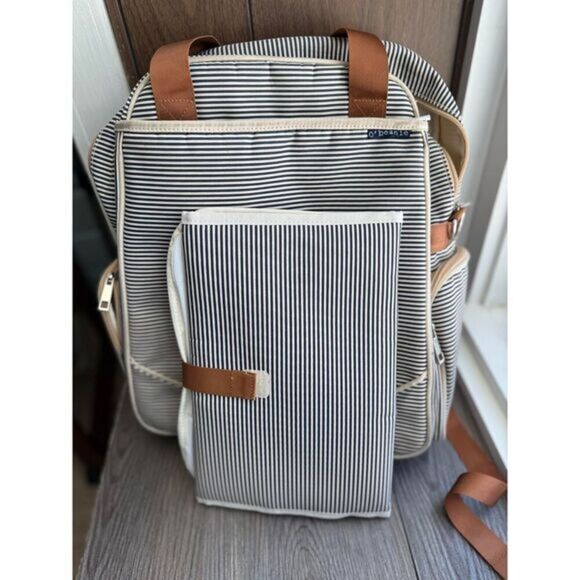 O'Beanie Striped Diaper Bag Backpack Navy White With Changing Pad - Picture 3 of 7